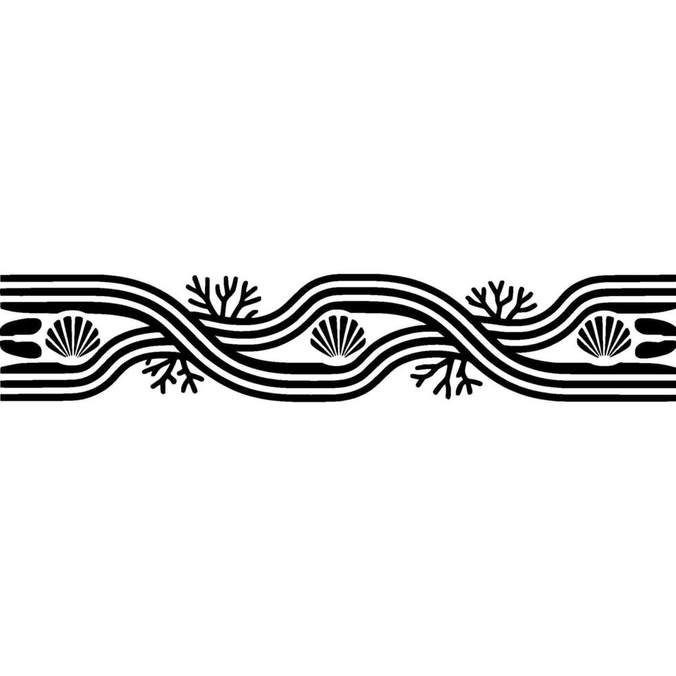 Minimalist Coastal Border Seashells, Waves Coral, Black on White. vector