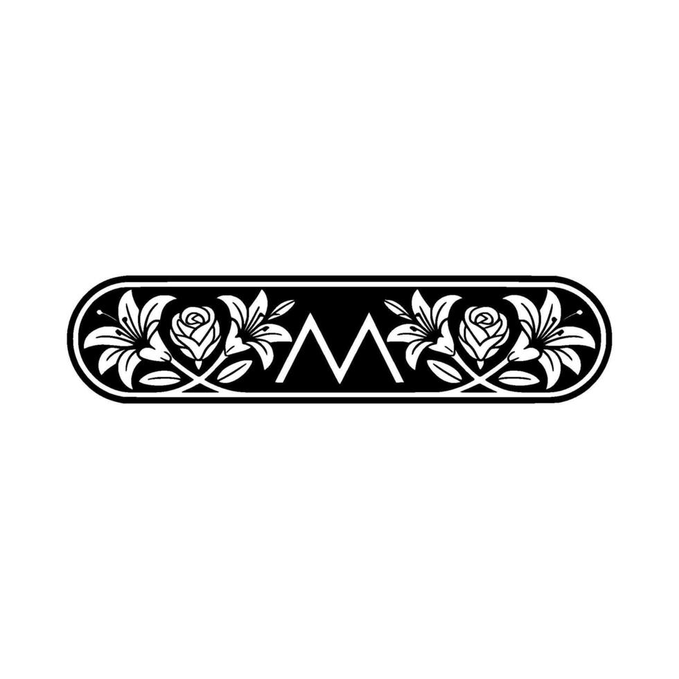 Elegant Floral Frame with M - Black White. vector