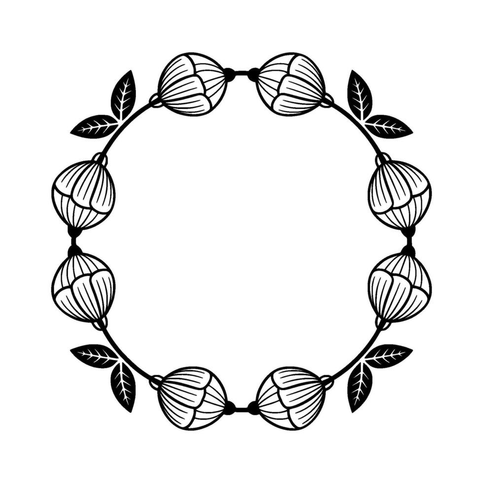 Minimalist Floral Wreath, Black and White Outline, Circular. vector