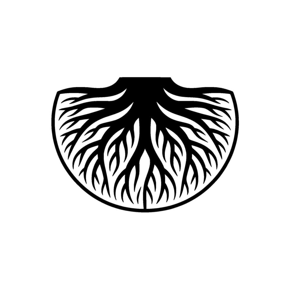 Silhouette of Tree Roots Inside an Abstract Shield Shape. vector