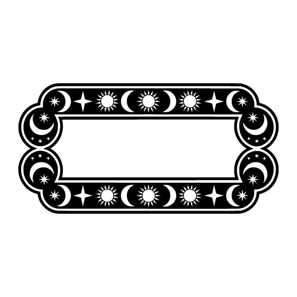 Celestial Frame Illustration Sun, Moon, Stars, Black White. vector