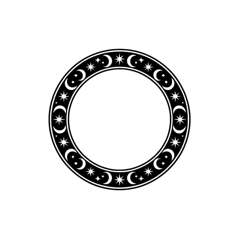 Celestial Ring Pattern Stars Crescent Moons, Black White. vector