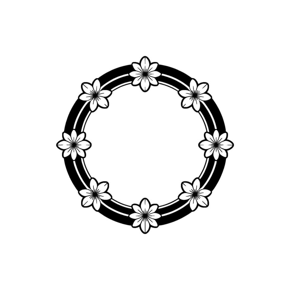 Minimalist Floral Circle Frame , Black White Illustration. vector