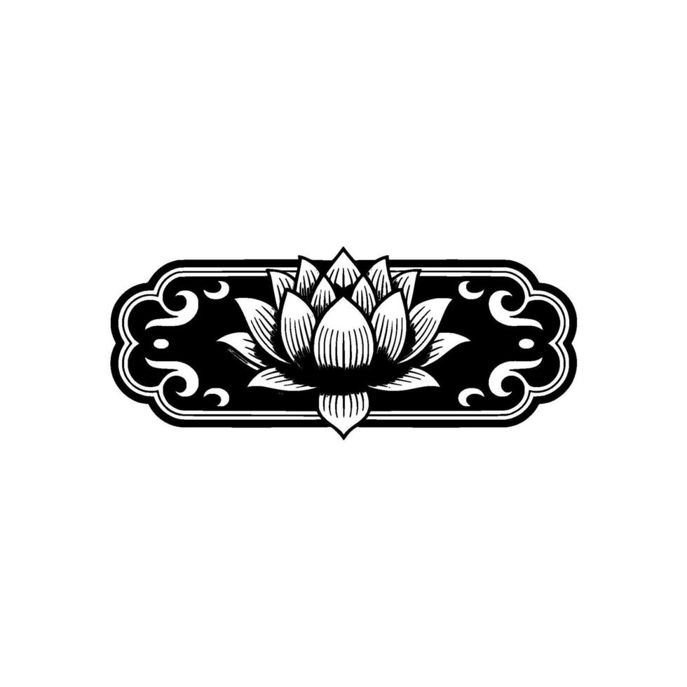 Elegant Black and White Lotus Flower in Ornamental Frame. vector