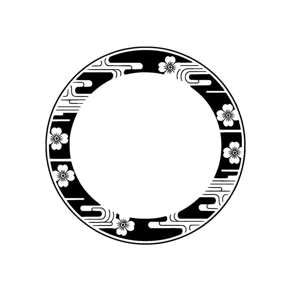 Japanese Circle Frame Sakura Flowers Clouds, Black White. vector