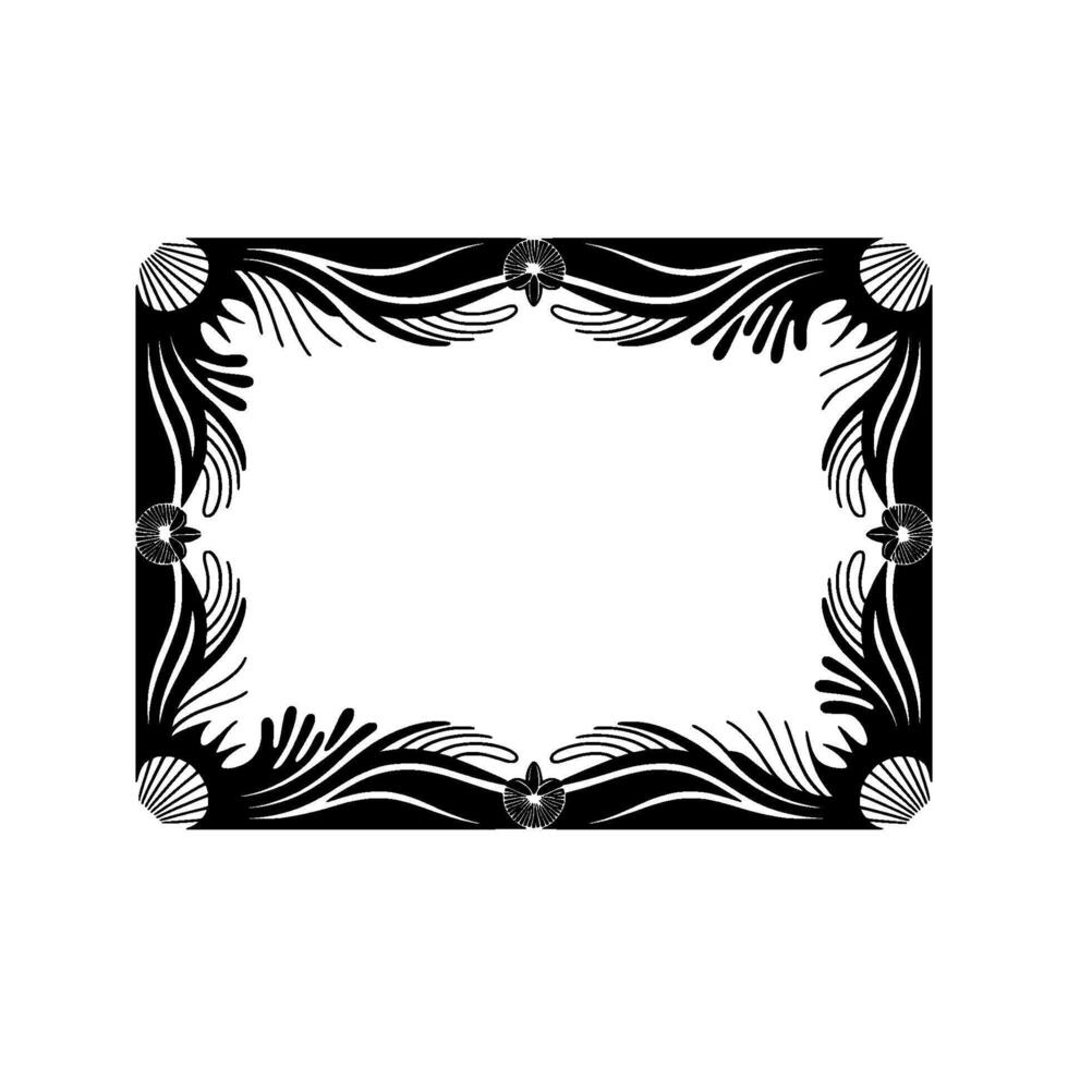 Elegant Black and White Decorative Frame with Shell and Foliage Elements. vector