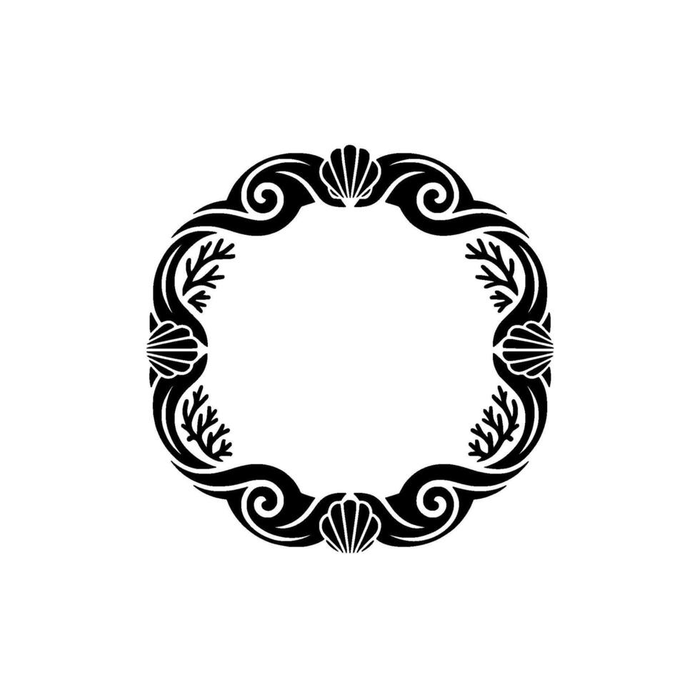 Ornate Black Sea-Themed Frame on White. vector
