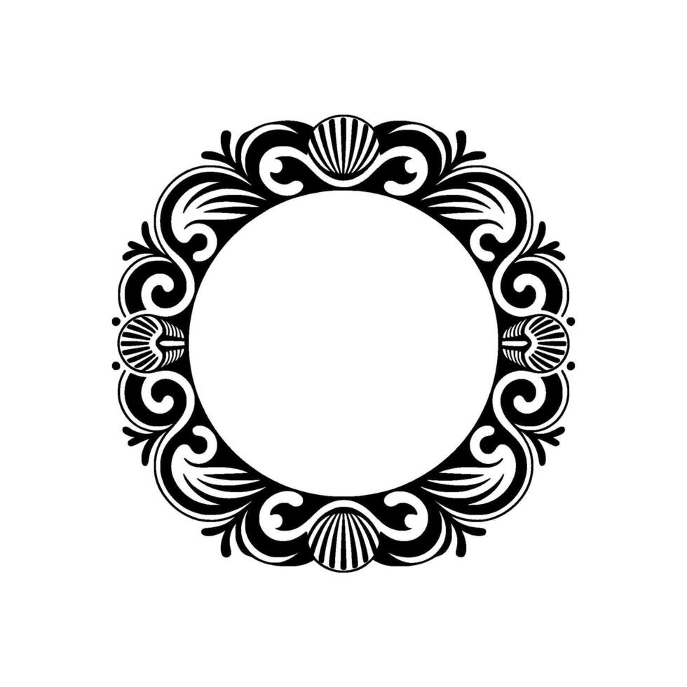 Elegant Circular Frame with Shell Motifs in Black and White. vector