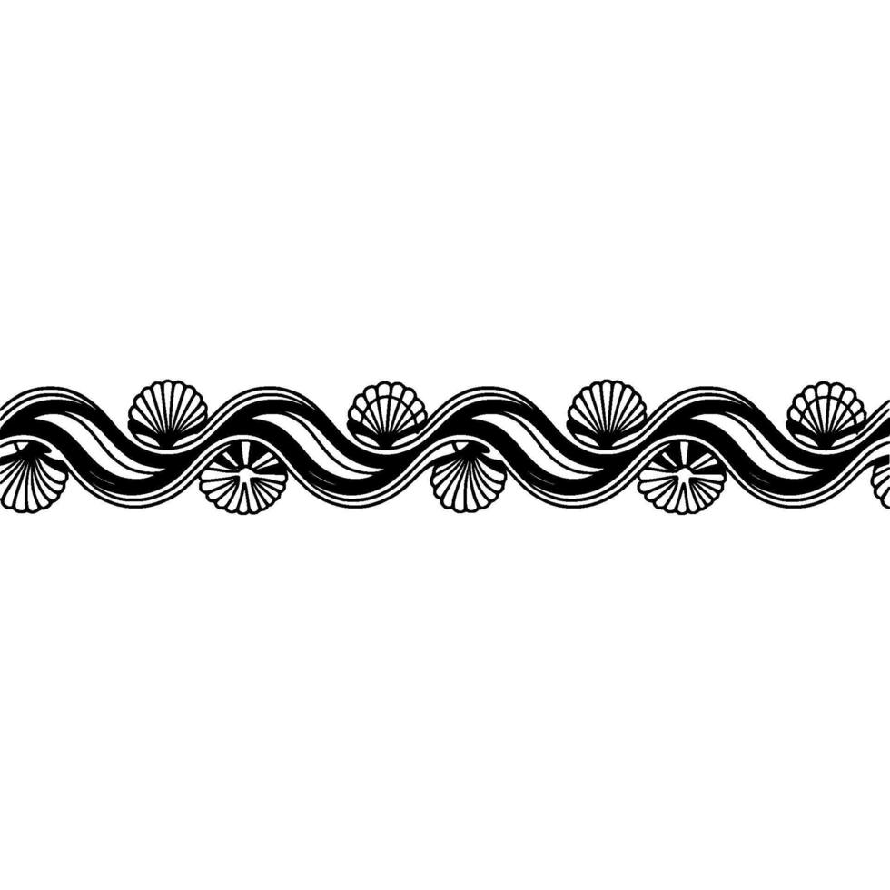 Black White Art Deco Wave Border with Shell Accents. vector