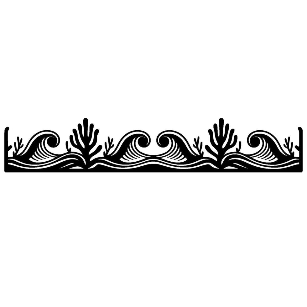 Decorative Ocean Waves and Coral Border in Black and White. vector