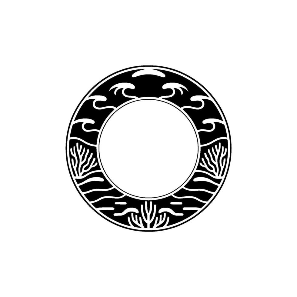 Minimalist Sea Frame Black White Circle with Wave and Coral Elements. vector