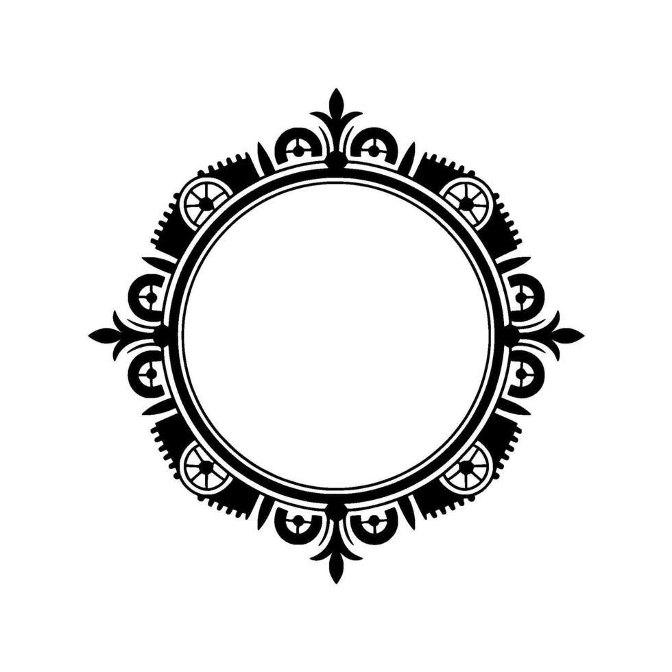 Decorative Black Circle Frame with Ornate Details on White Background. vector
