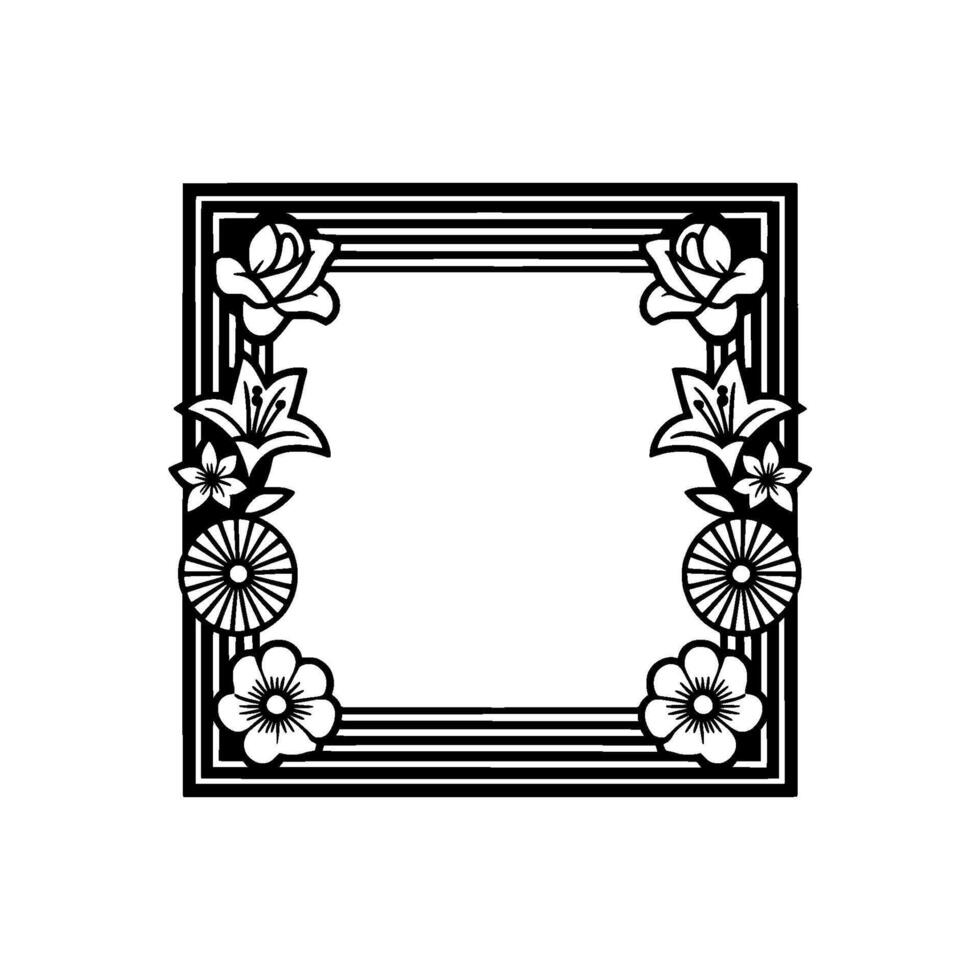 Elegant Floral Frame Illustration Black and White, Decorative Border. vector