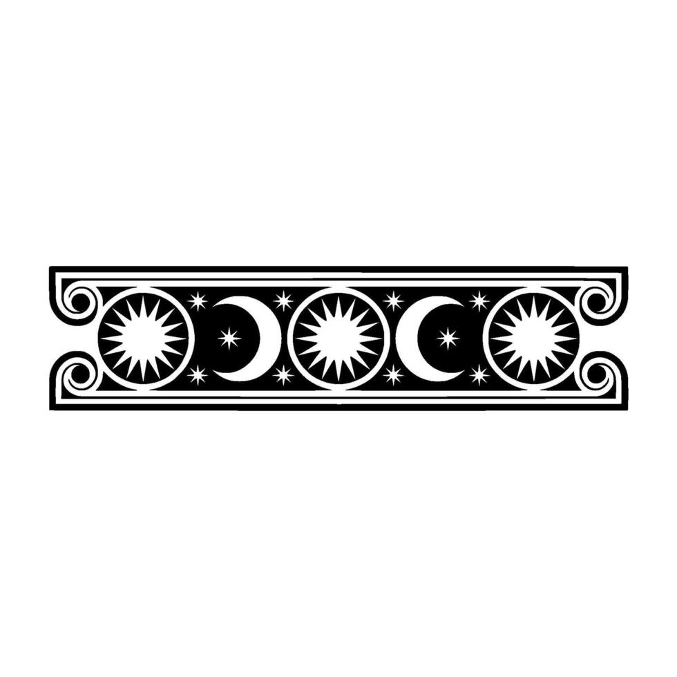 Celestial Border Sun, Moon, Star, Decorative Black White Ornament. vector