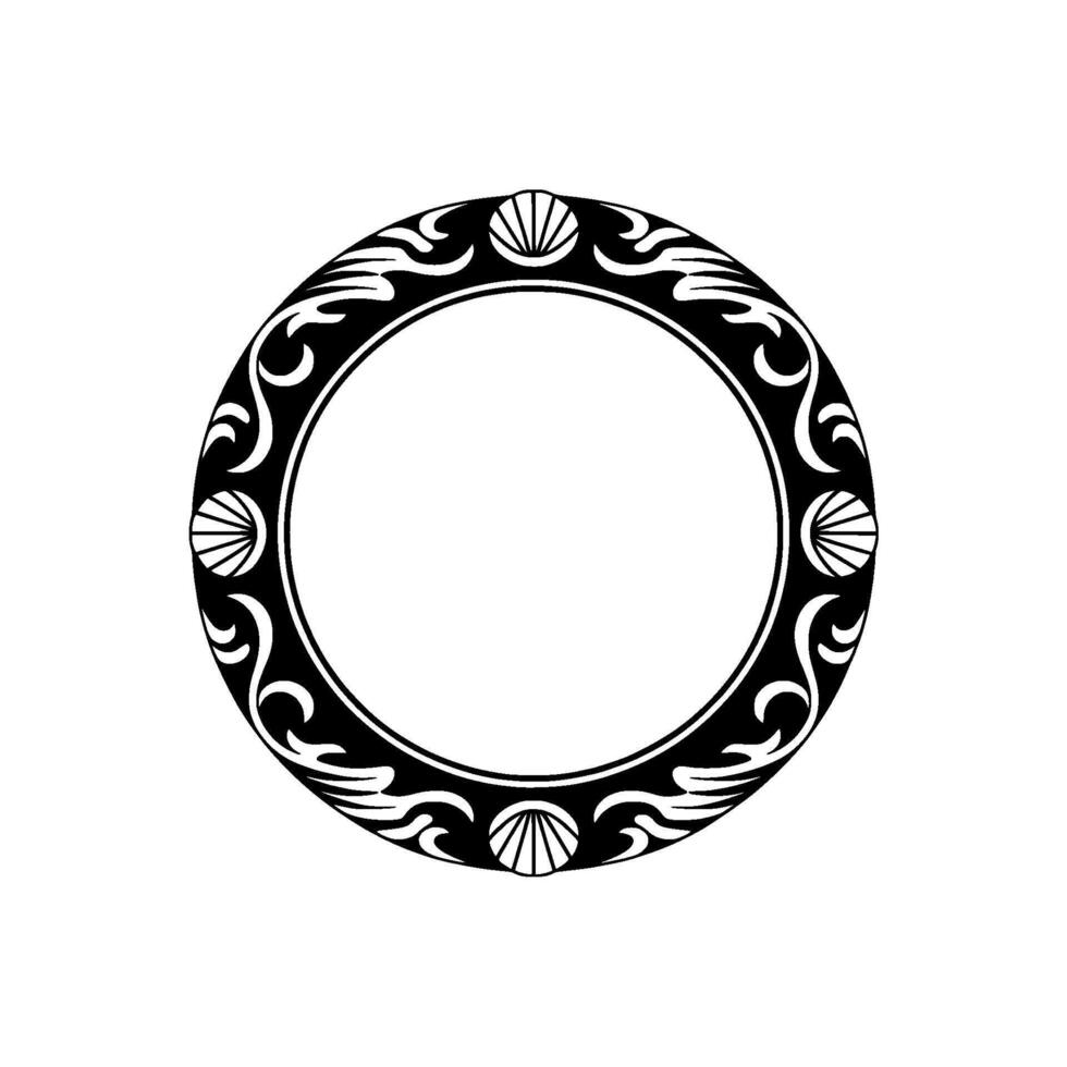 Ornate Circular Frame with Seashell Accents, Black on White. vector
