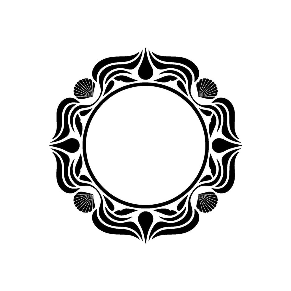Elegant Black White Circular Frame with Seashell Accents. vector