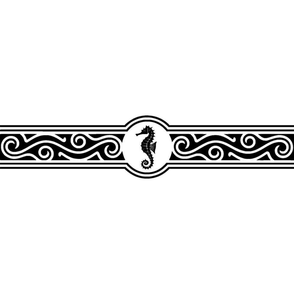 Elegant Seahorse Ornament with Swirl Border, Monochrome. vector