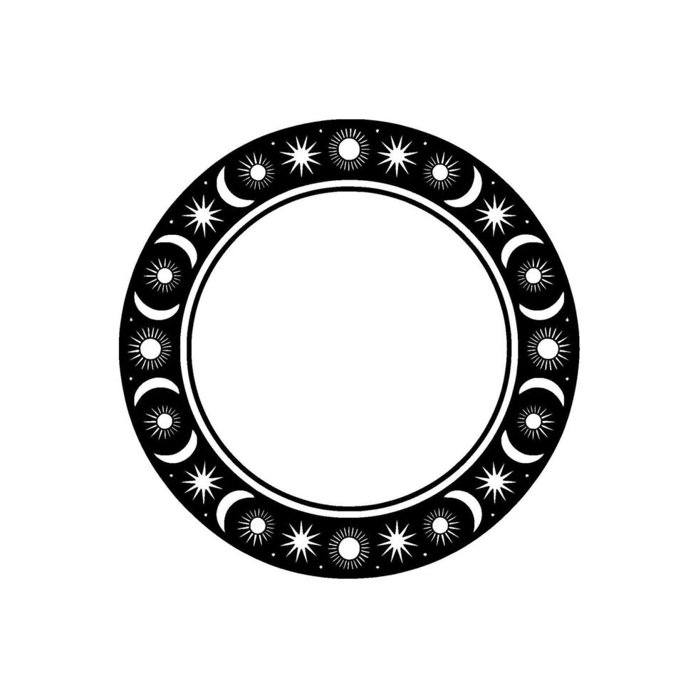 Celestial Circle Black and White Mystical Sun and Moon Frame. vector
