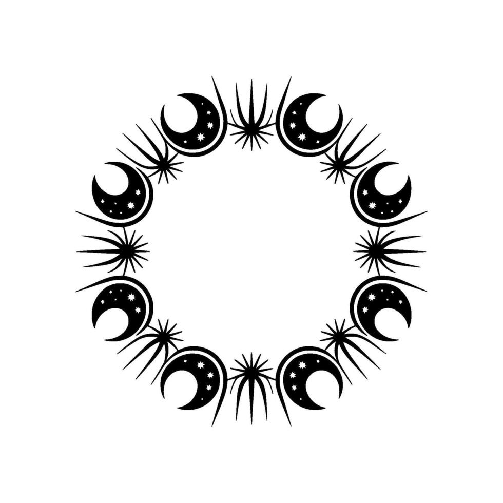 Celestial Crescent Moon Star Mandala , Minimalist Black on White. vector