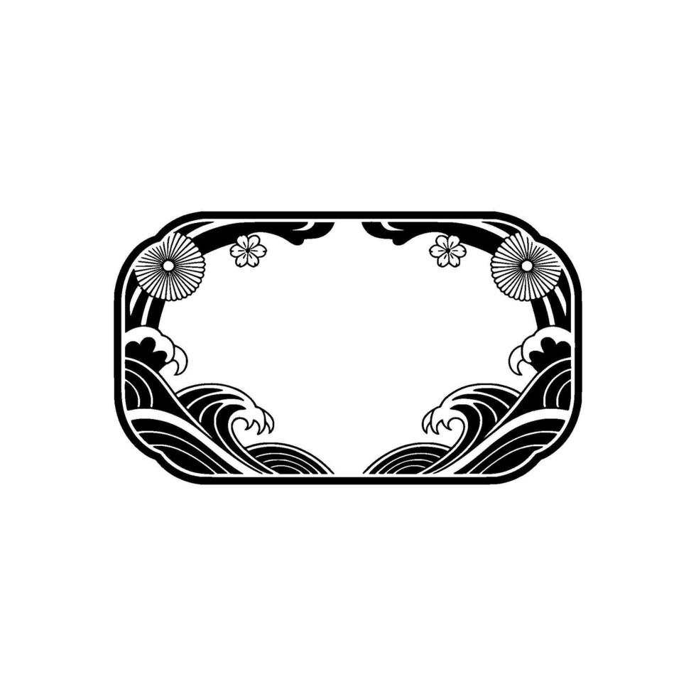 Japanese Wave Frame, Art Deco Border, Black and White. vector