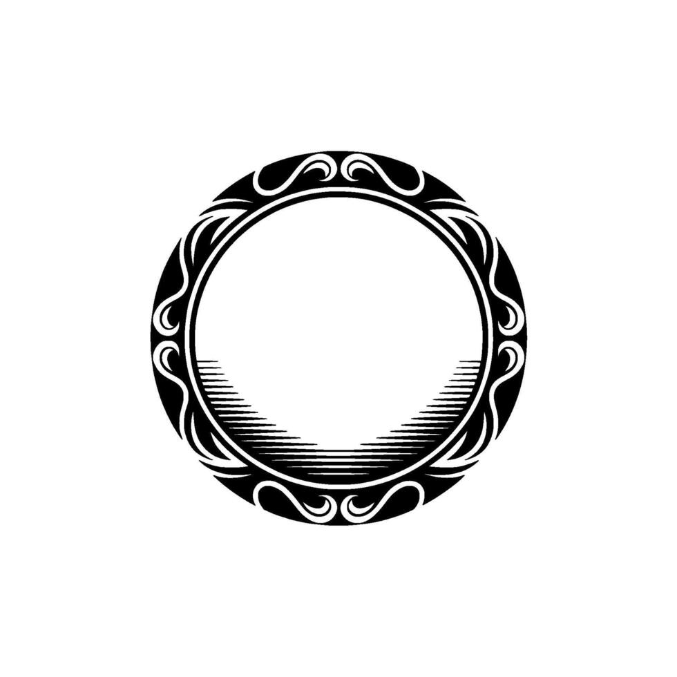 Elegant Black Circular Frame with Decorative Engravings on White Background. vector