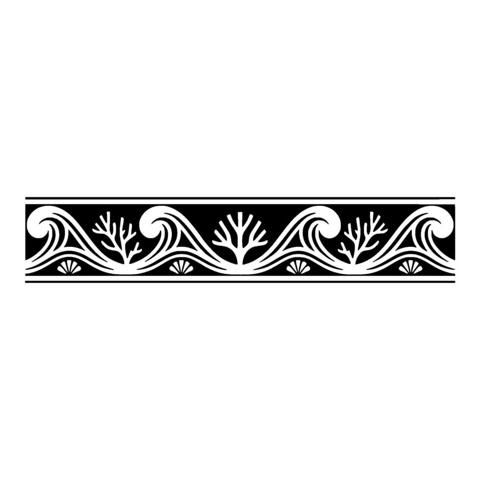 Decorative Black and White Border with Wave, Tree, and Floral Elements. vector