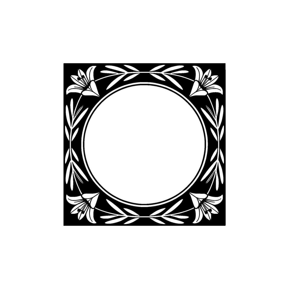 Floral Frame with Circular Center Black White Art Deco. vector