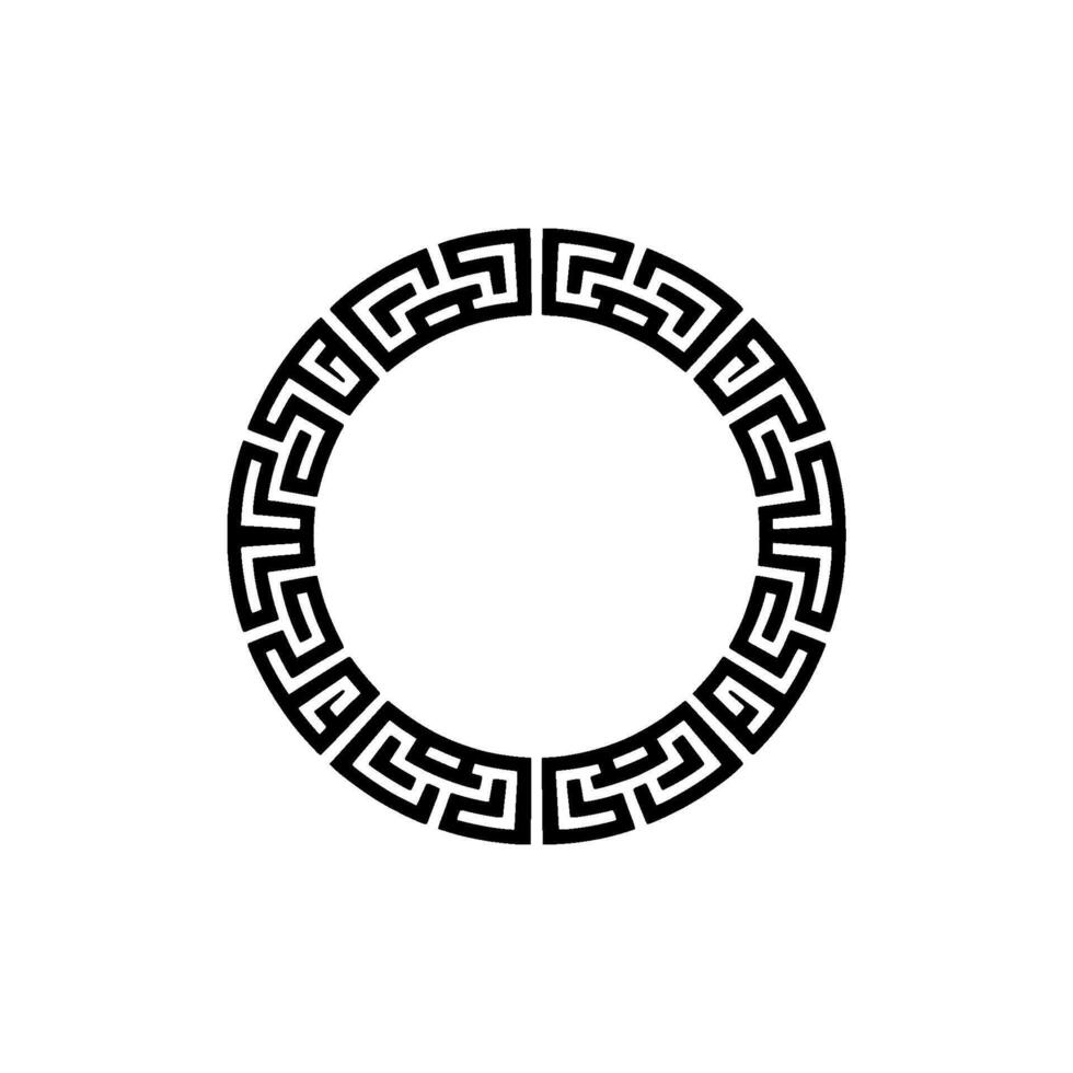 Geometric Black Greek Key Circle Frame on White Background. vector