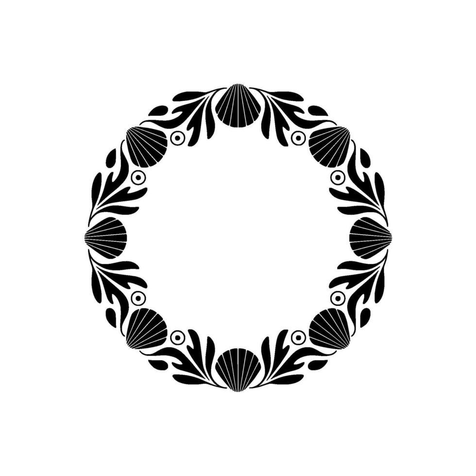 Elegant Black Shell and Leaf Circle Ornament on White. vector