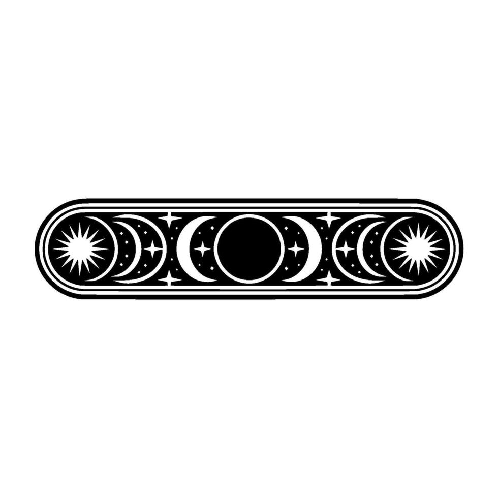 Celestial Crescent Moons, Stars, and Sun in Black and White Border. vector