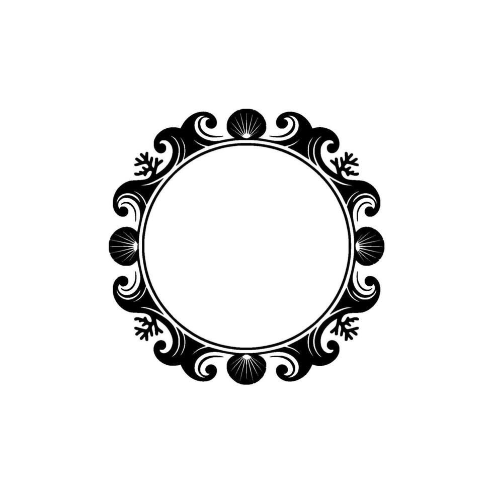 Elegant Sea-Themed Round Frame in Black on White. vector