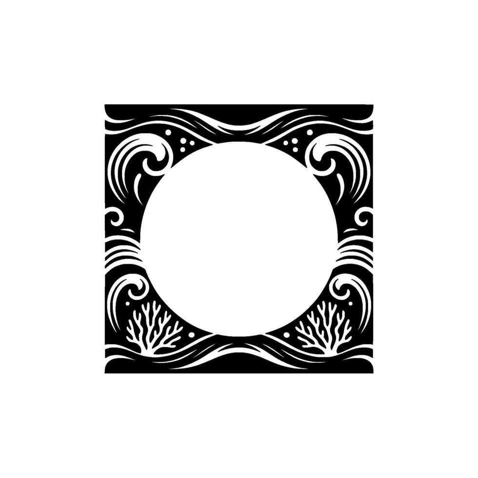 Decorative Black White Circle Frame with Seafoam Coral Elements. vector