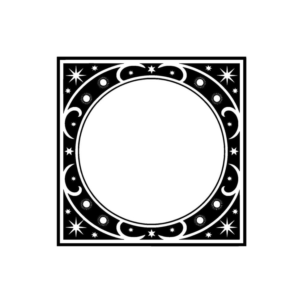 Celestial Frame Star and Sun Ornament, Modern Black White. vector