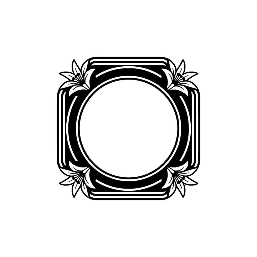 Art Deco Floral Frame, Black and White, Elegant Element. vector