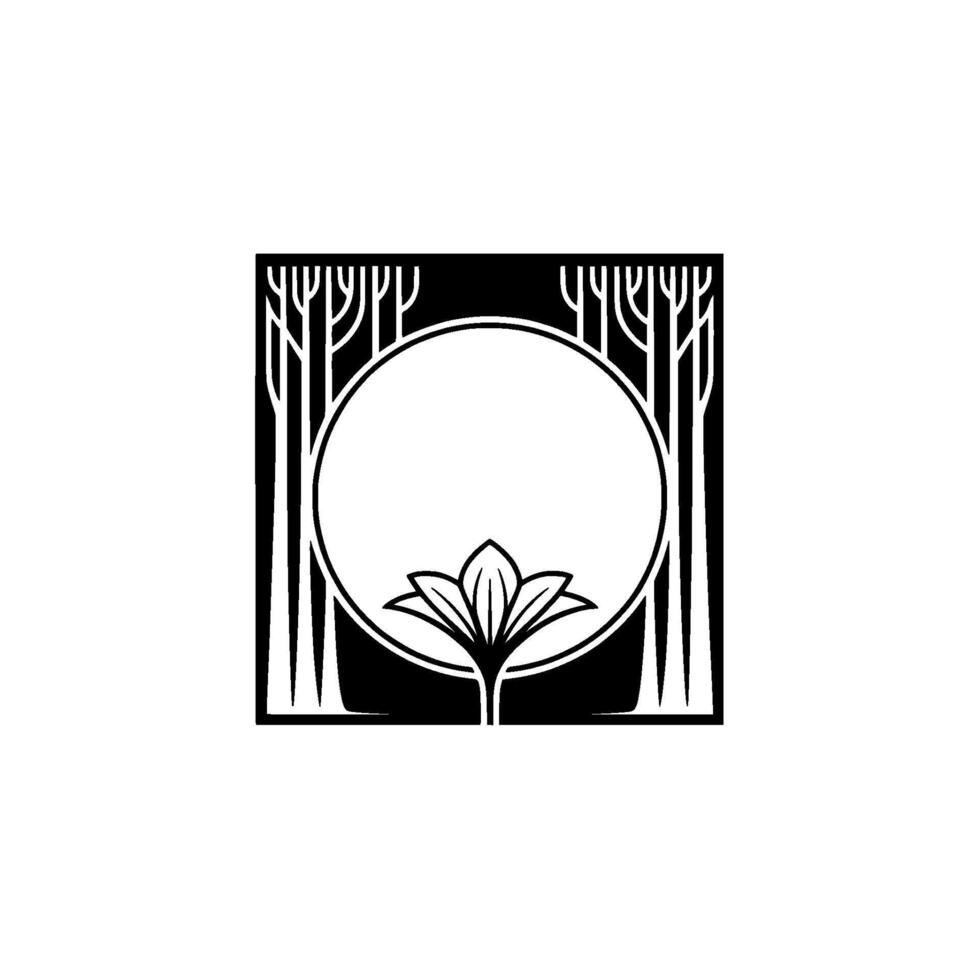 Geometric Art Deco Floral Frame with Trees - Black White. vector
