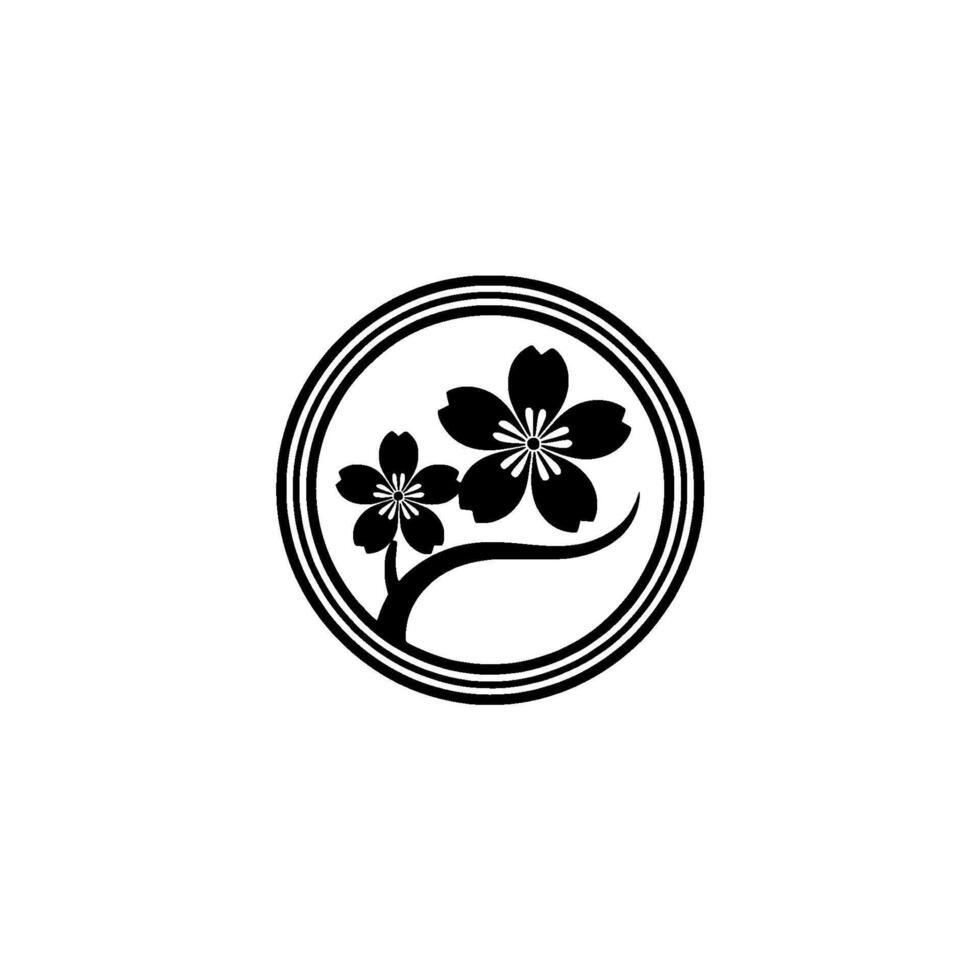 Black White Cherry Blossom Circle Emblem. vector