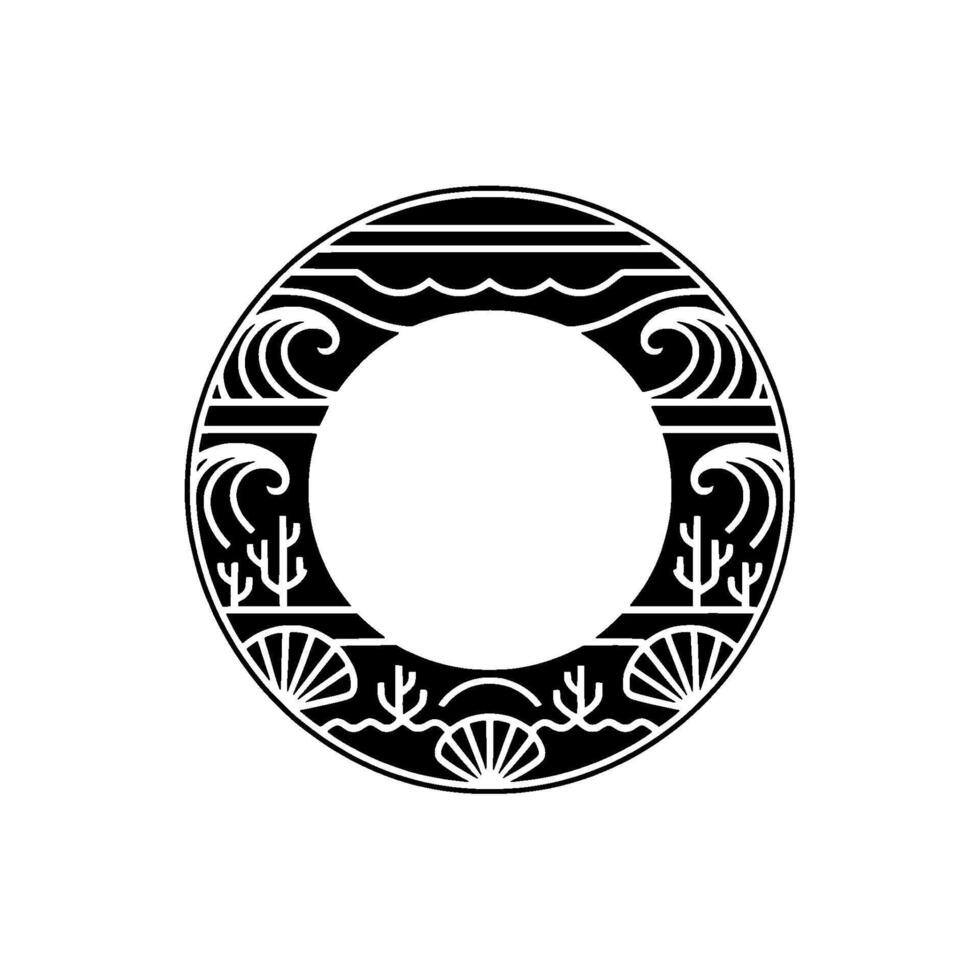 Minimalist Coastal Circle , Sea Elements, Black White, Frame. vector