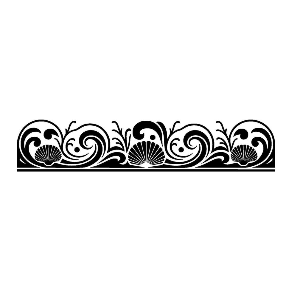 Elegant Ornamental Border with Shells and Flourishes, Black on White. vector