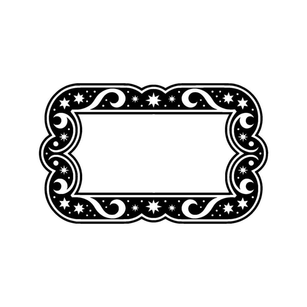 Celestial Label Ornate Black Frame with Stars Moons on White. vector