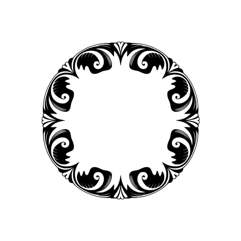 Elegant Black and White Circular Frame with Decorative Swirls. vector