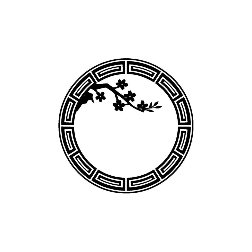 Elegant Asian Floral Circle Frame, Black White. vector