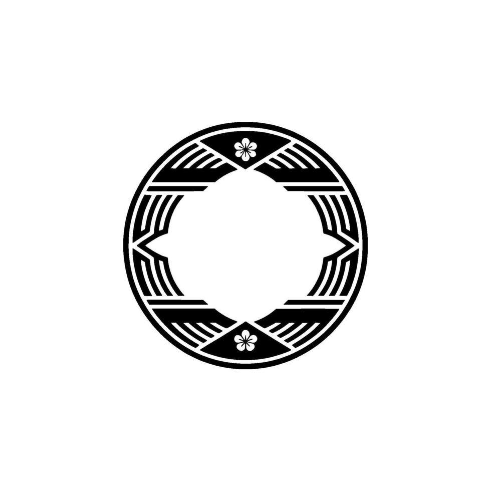 Minimalist Japanese Crest - Floral Pattern in Circle, Black White. vector