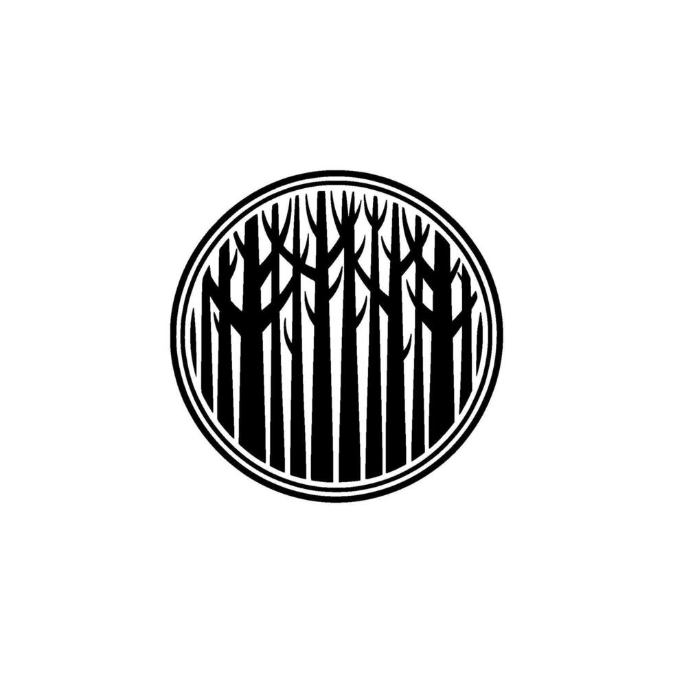 Minimalist Forest Silhouette in Circle, Black White. vector