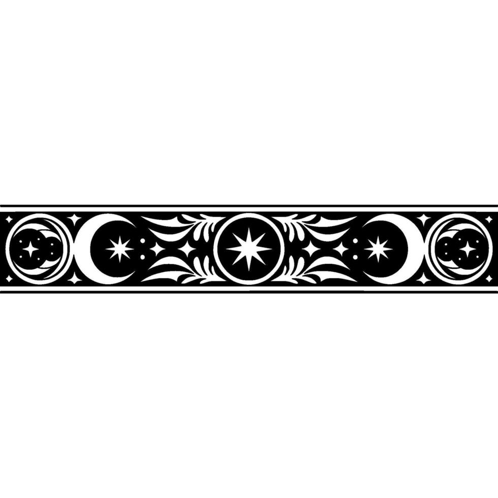 Celestial Border Stars, Moons, and Foliage in Black White. vector