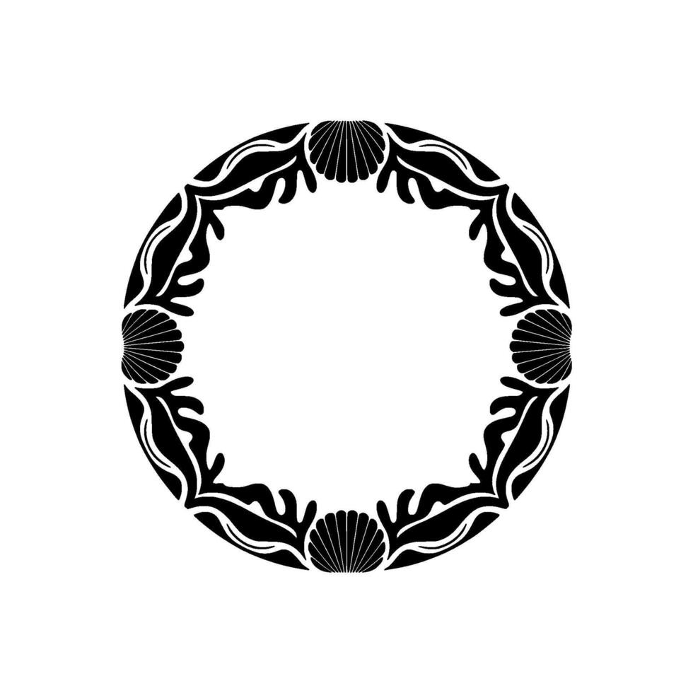 Elegant Black Circle Frame with Seashells and Decorative Foliage on White. vector