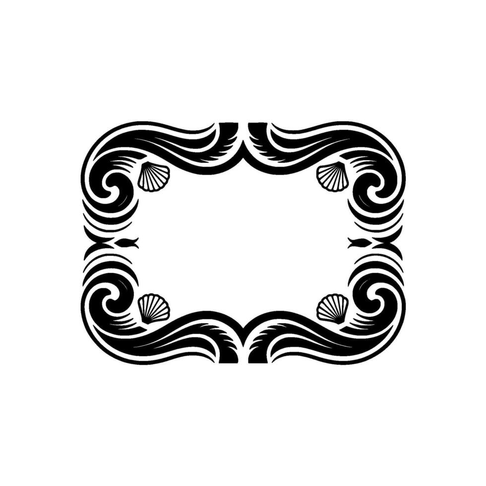 Elegant Black White Sea Shell Frame on White Background. vector