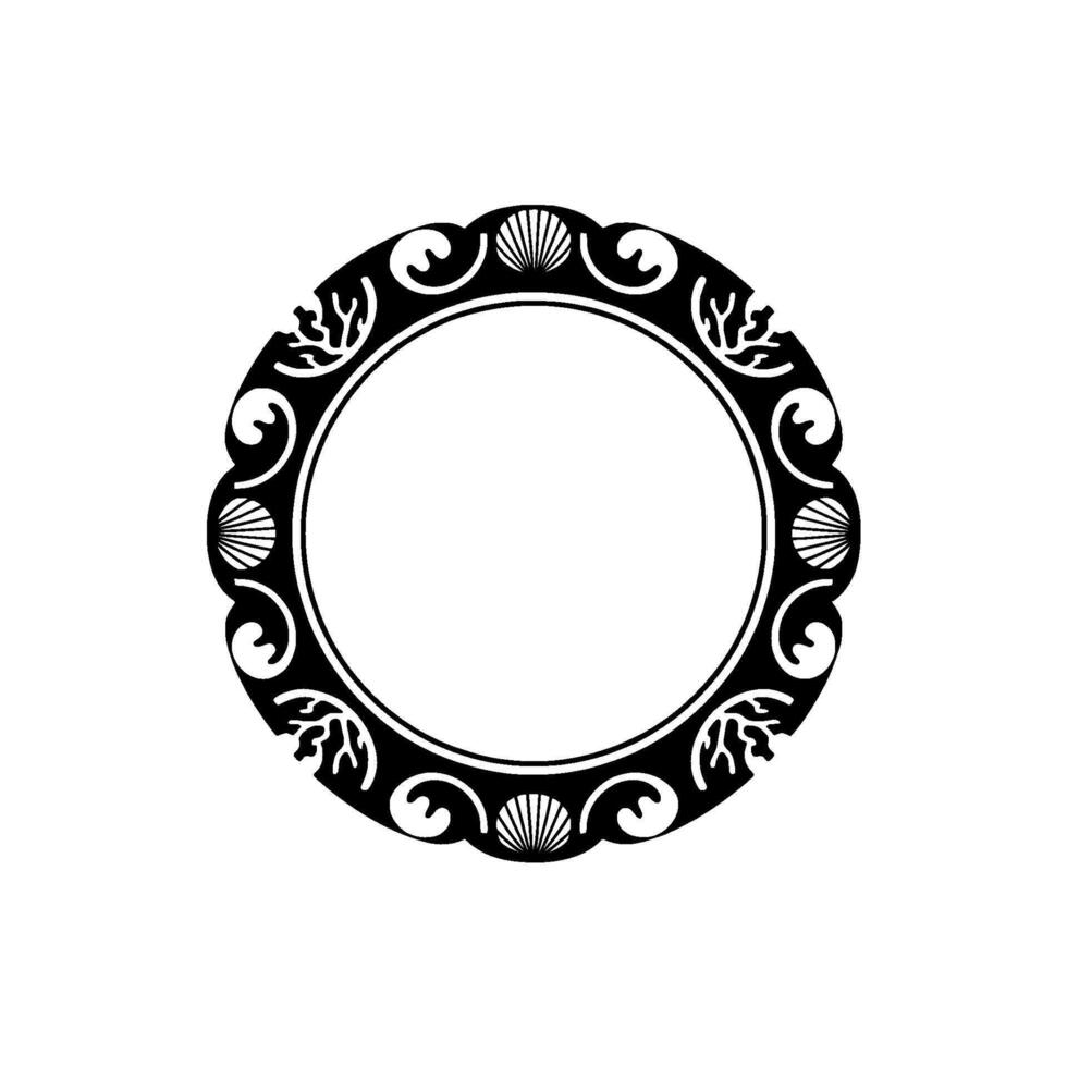 Elegant Black Circular Frame with Seashells and Coral on White. vector