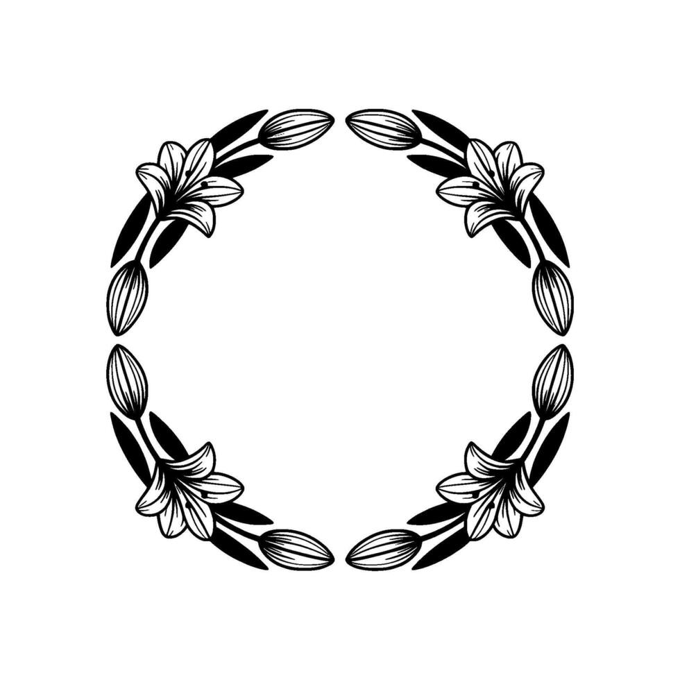 Elegant Floral Wreath - Black and White Lily Circle Frame. vector
