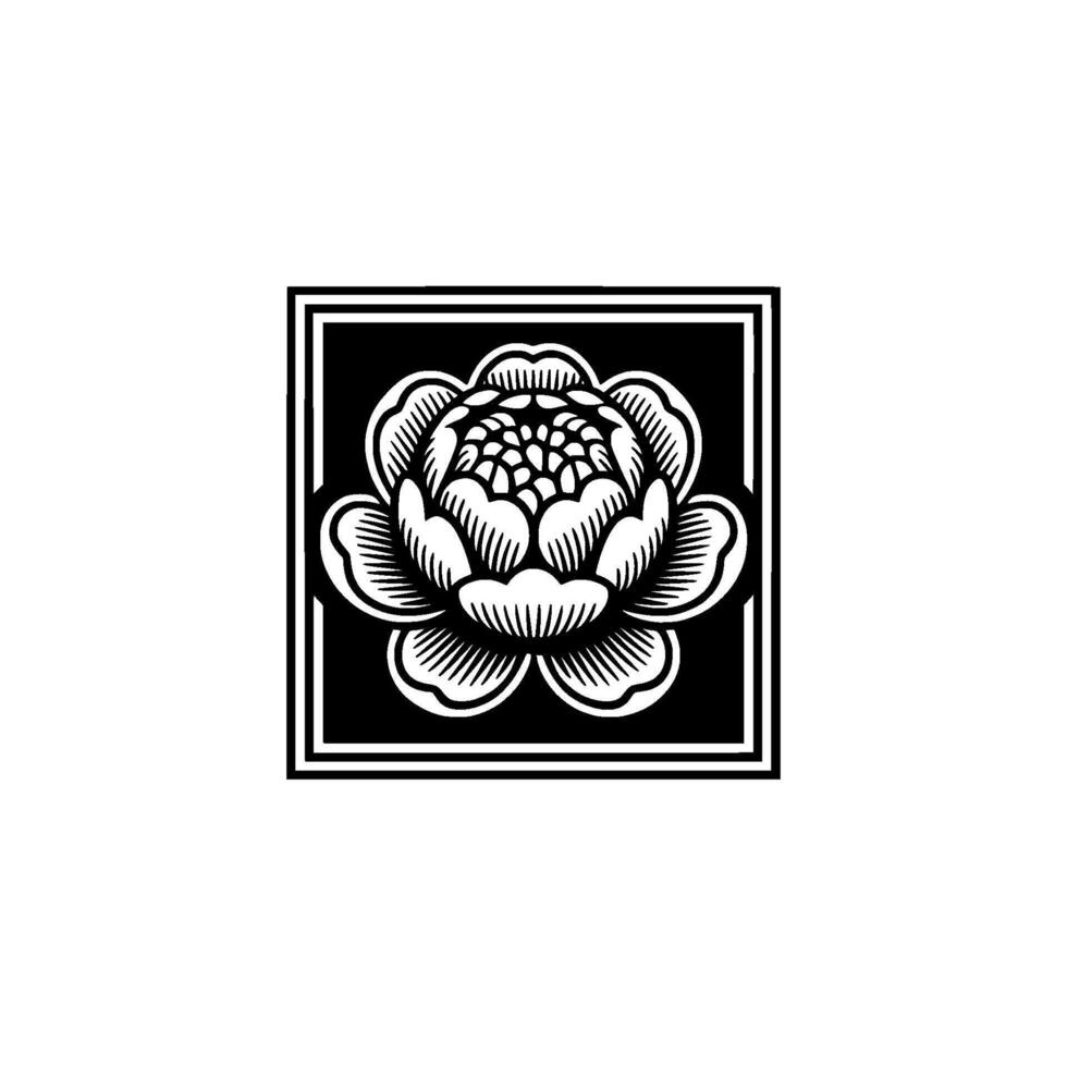 Elegant Floral Black White Flower in Square Frame. vector