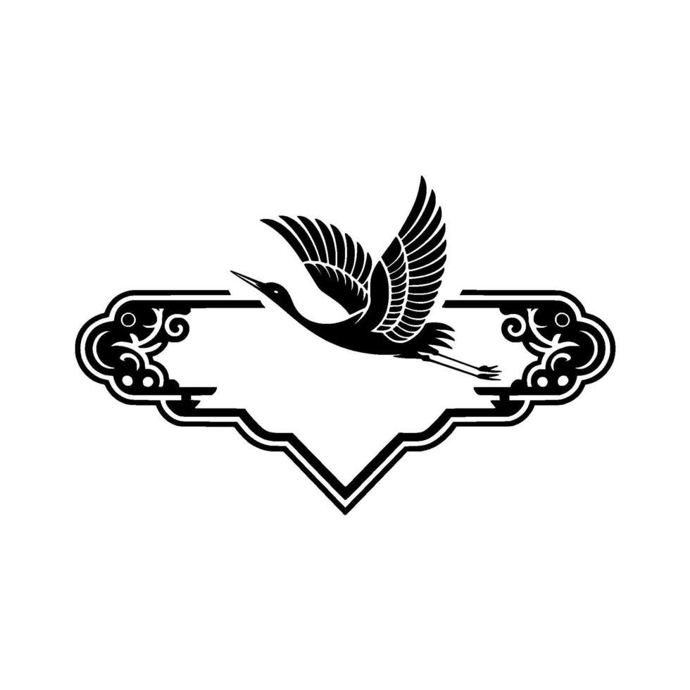Crane Emblem Minimalist Japanese Style, Black White. vector